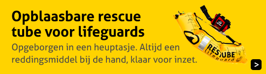 Opblaasbare rescue tube, opgeborgen in een heuptasje, altijd een reddingsmiddel bij de hand, klaar voor inzet